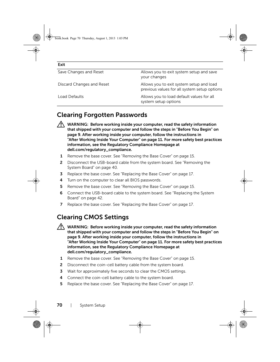 Clearing forgotten passwords, Clearing cmos settings | Dell Inspiron 23 (2350, Mid 2013) User Manual | Page 70 / 73