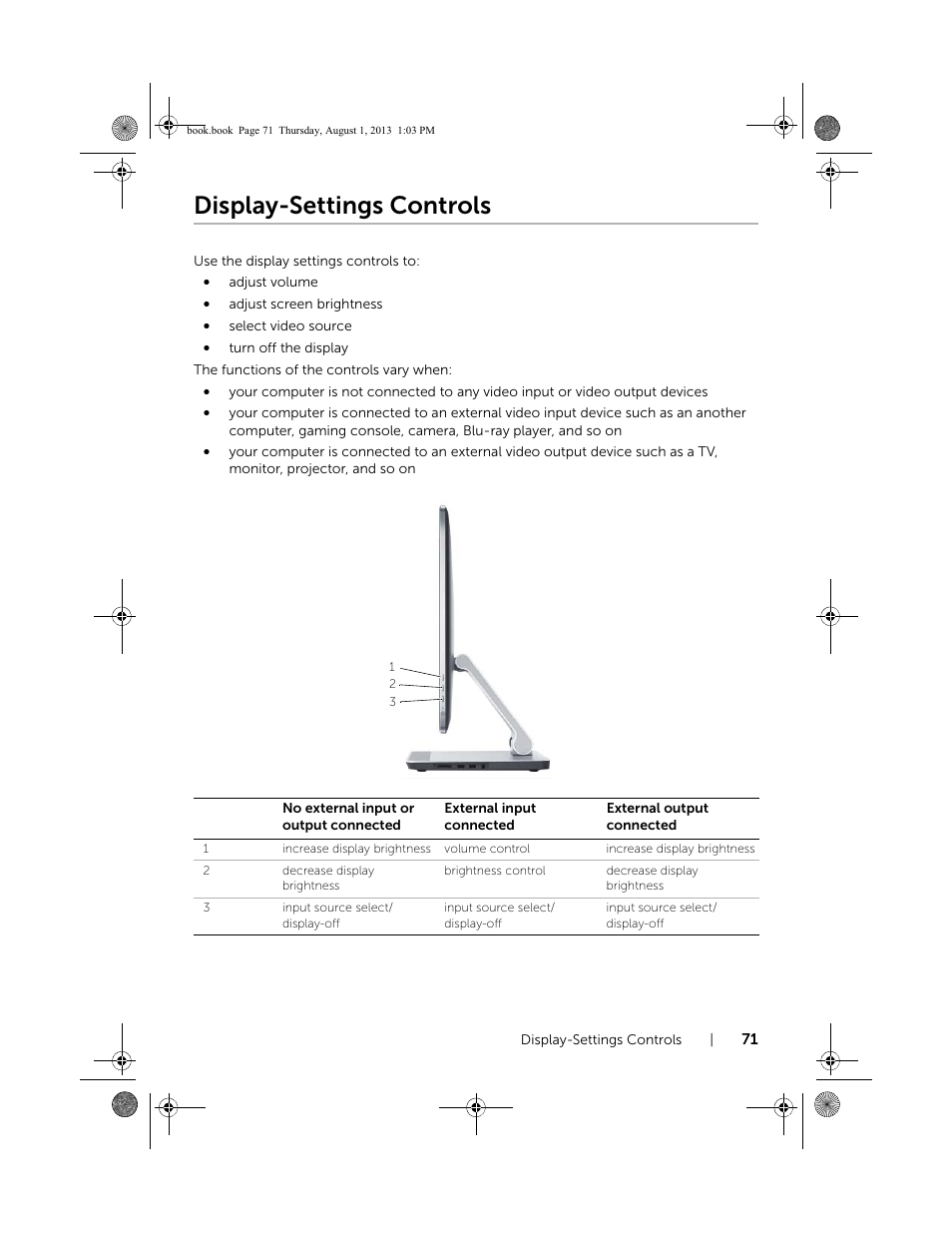 Display-settings controls | Dell Inspiron 23 (2350, Mid 2013) User Manual | Page 71 / 73