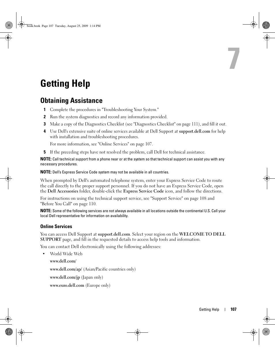 Getting help, Obtaining assistance, Online services | Ct, see "getting help" on | Dell PowerEdge SC 440 User Manual | Page 107 / 144