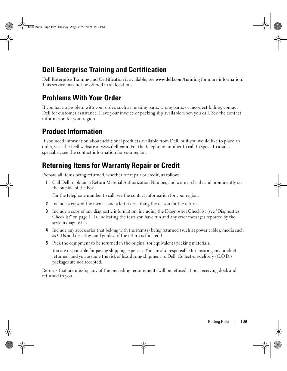 Dell enterprise training and certification, Problems with your order, Product information | Returning items for warranty repair or credit | Dell PowerEdge SC 440 User Manual | Page 109 / 144