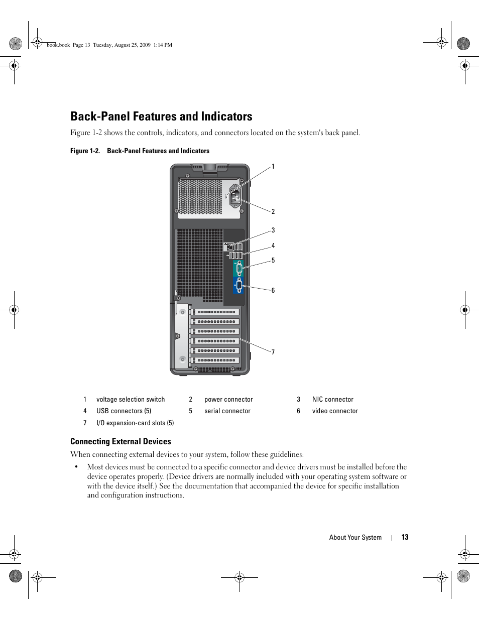 Back-panel features and indicators, Connecting external devices | Dell PowerEdge SC 440 User Manual | Page 13 / 144