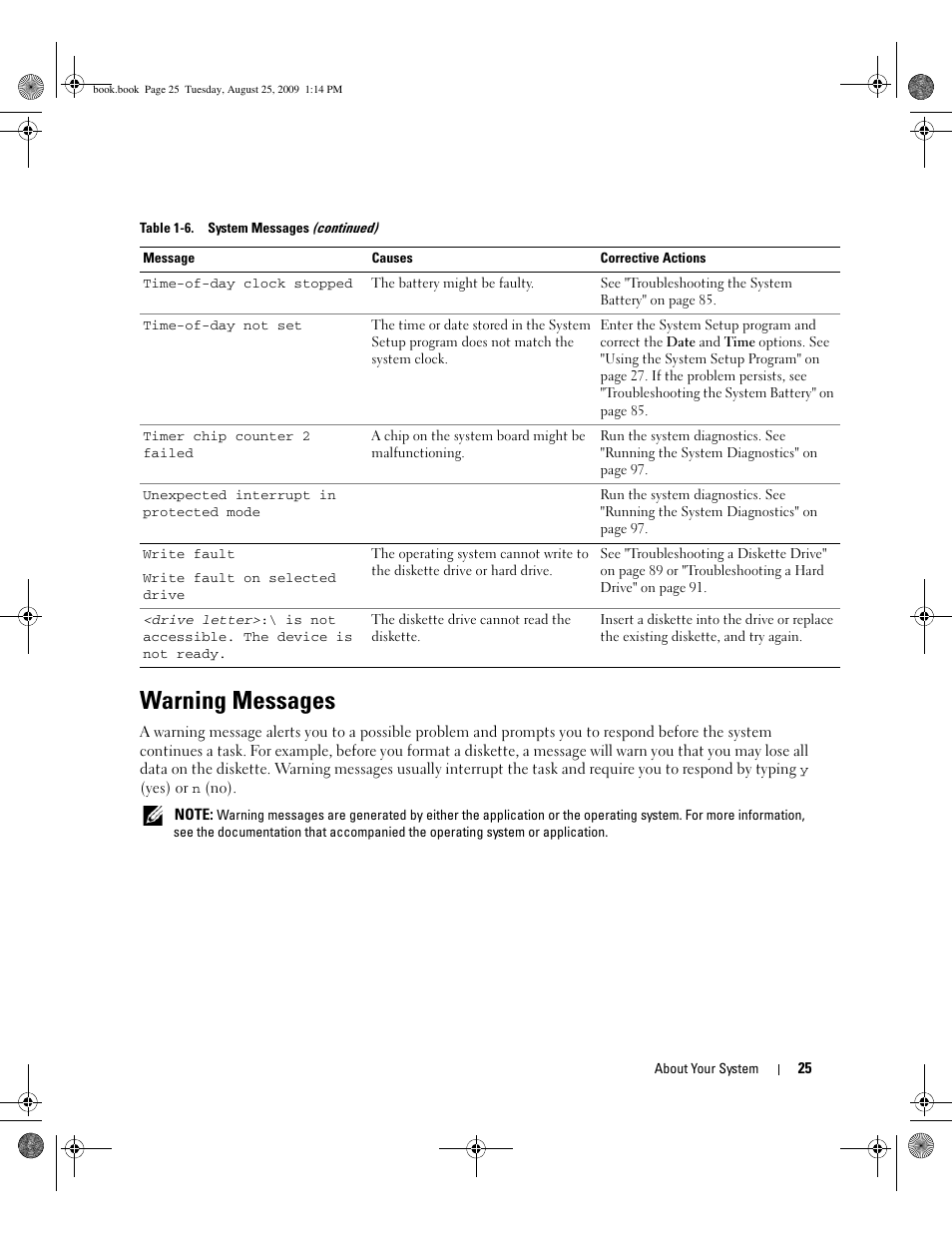 Warning messages | Dell PowerEdge SC 440 User Manual | Page 25 / 144