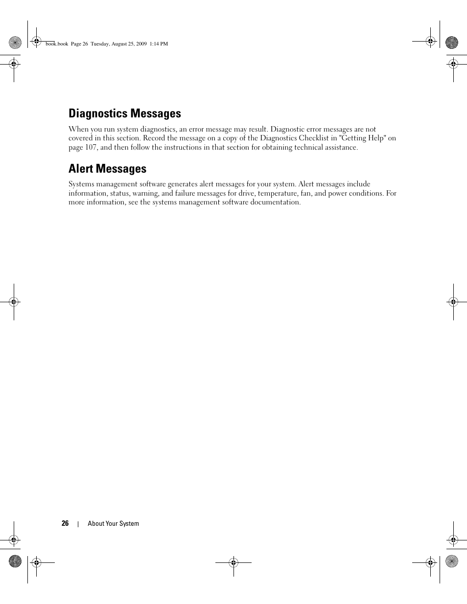 Diagnostics messages, Alert messages | Dell PowerEdge SC 440 User Manual | Page 26 / 144