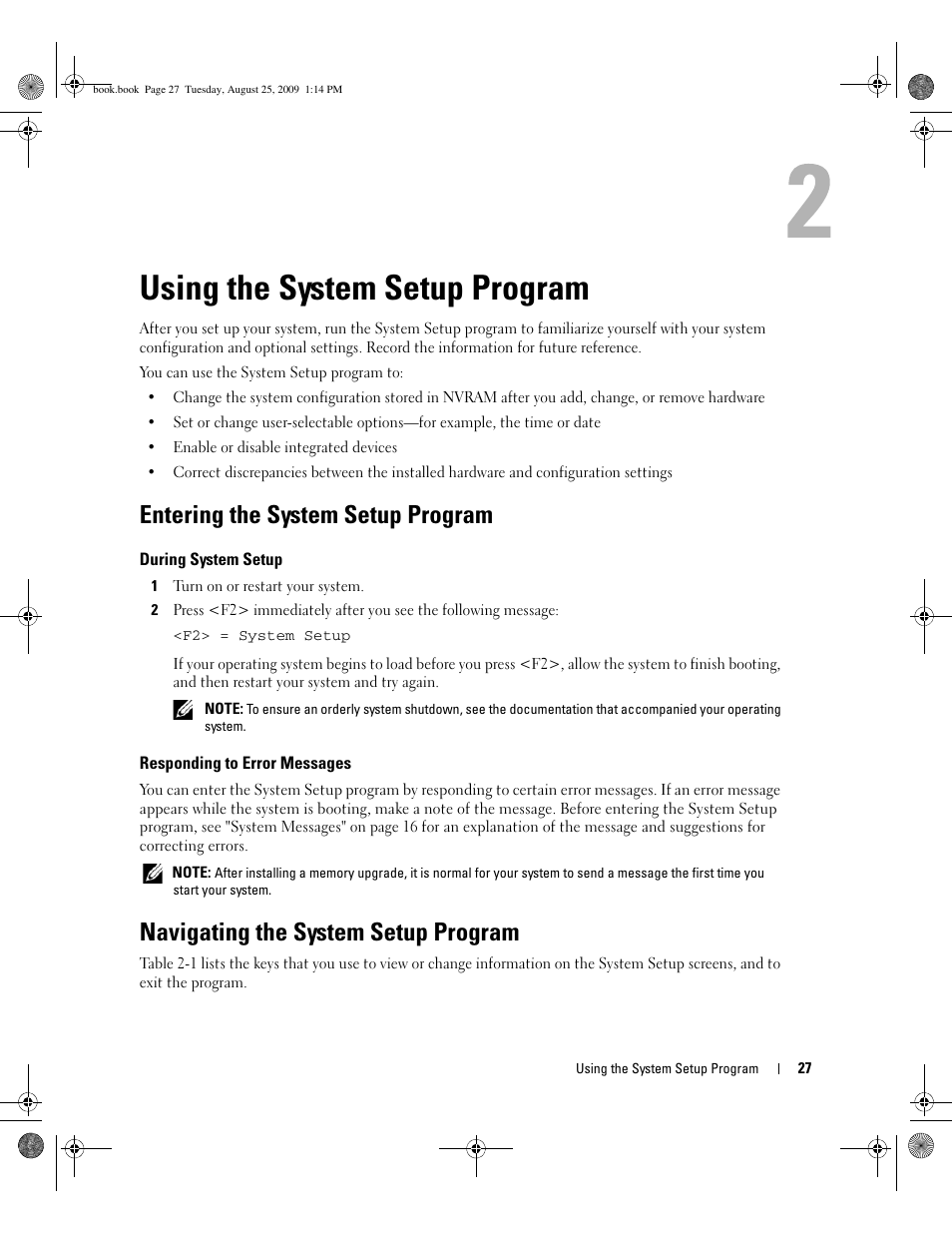 Using the system setup program, Entering the system setup program, During system setup | Responding to error messages, Navigating the system setup program | Dell PowerEdge SC 440 User Manual | Page 27 / 144