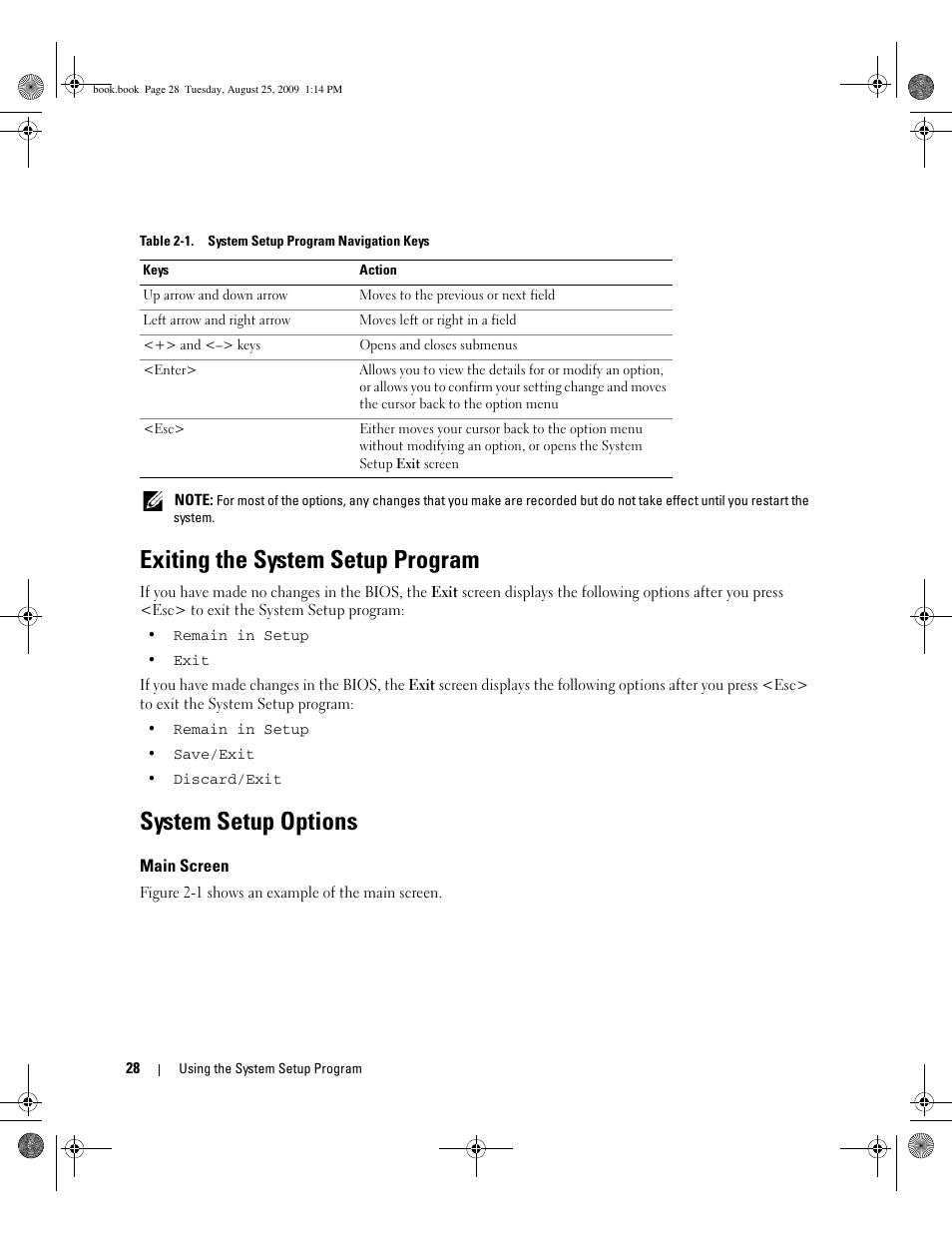 Exiting the system setup program, System setup options, Main screen | Table 2-1). this k | Dell PowerEdge SC 440 User Manual | Page 28 / 144