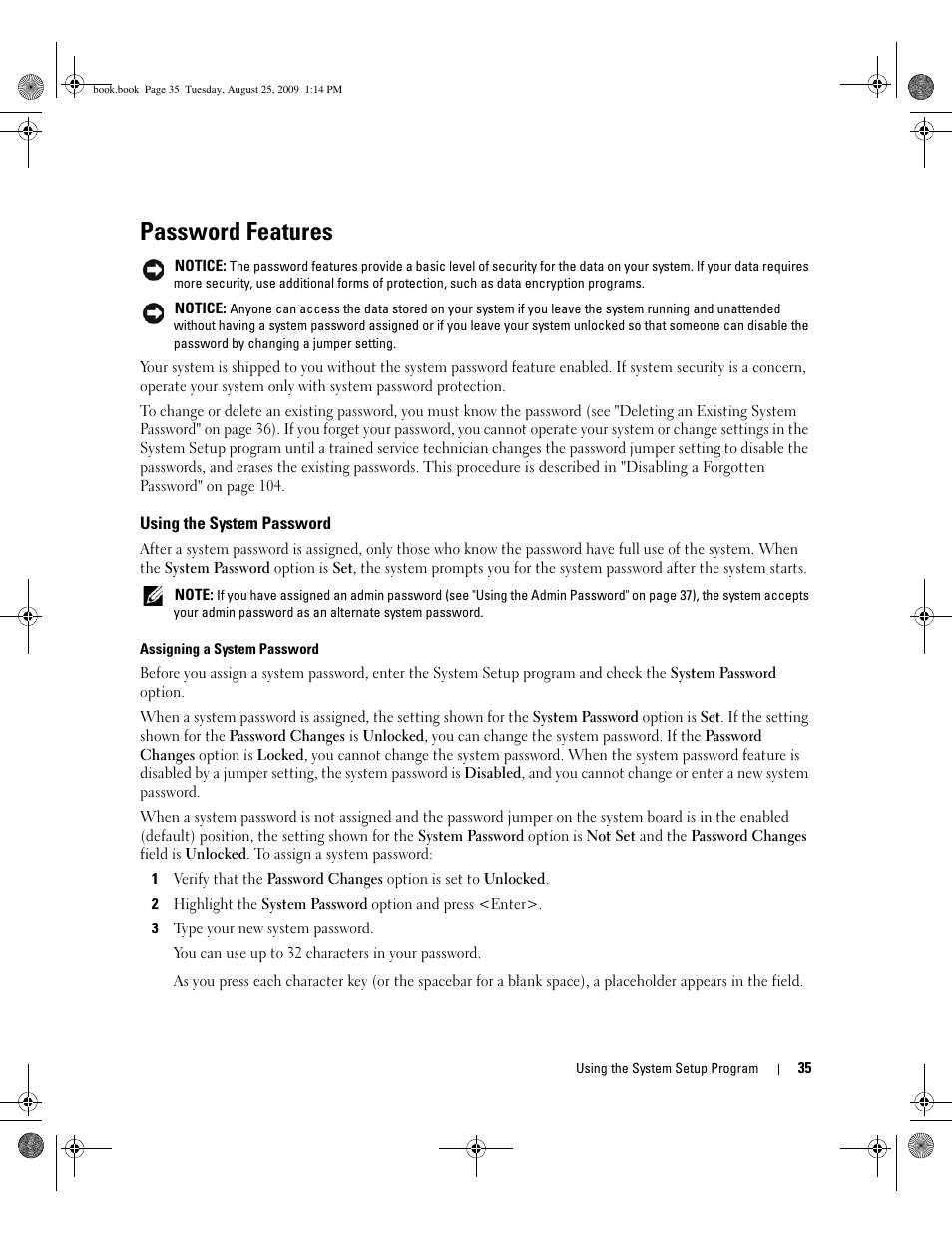 Password features, Using the system password | Dell PowerEdge SC 440 User Manual | Page 35 / 144