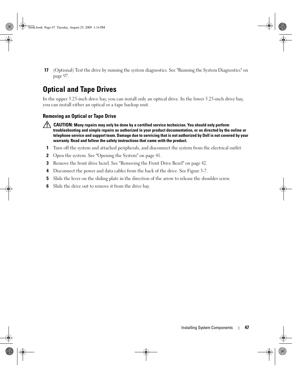 Optical and tape drives, Removing an optical or tape drive | Dell PowerEdge SC 440 User Manual | Page 47 / 144