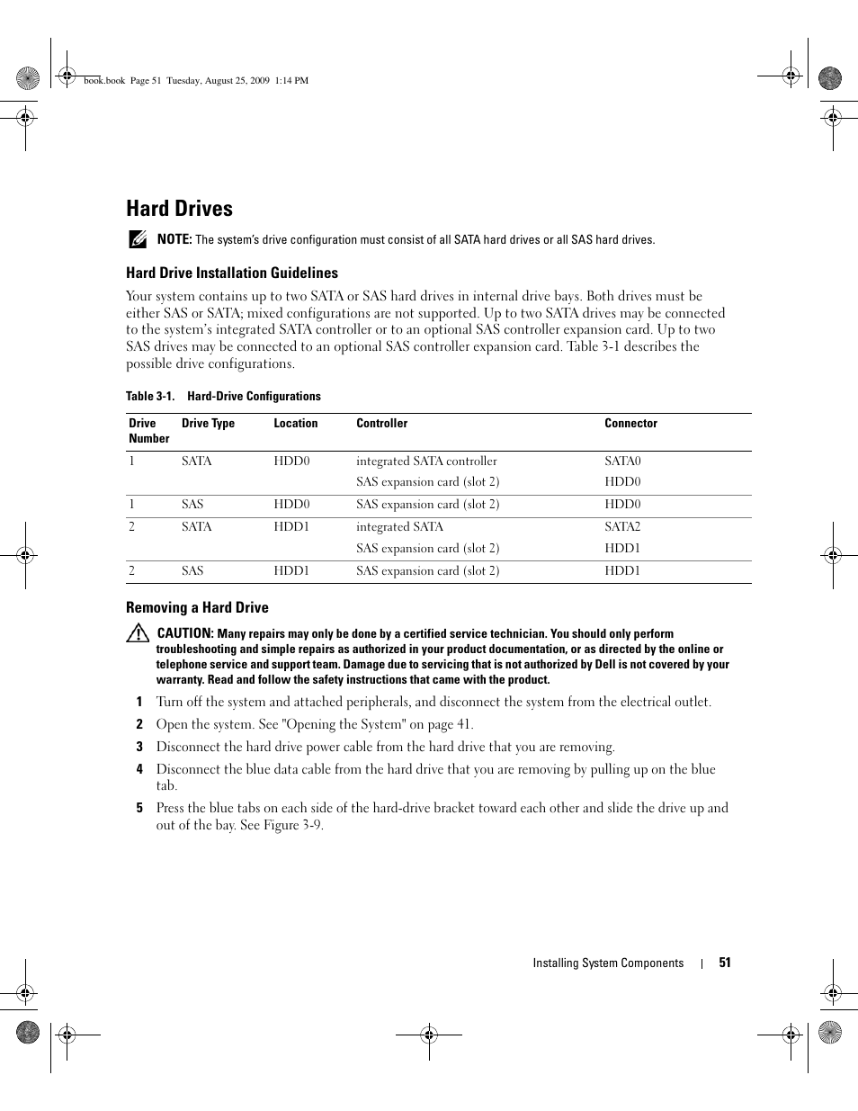 Hard drives, Hard drive installation guidelines, Removing a hard drive | Dell PowerEdge SC 440 User Manual | Page 51 / 144