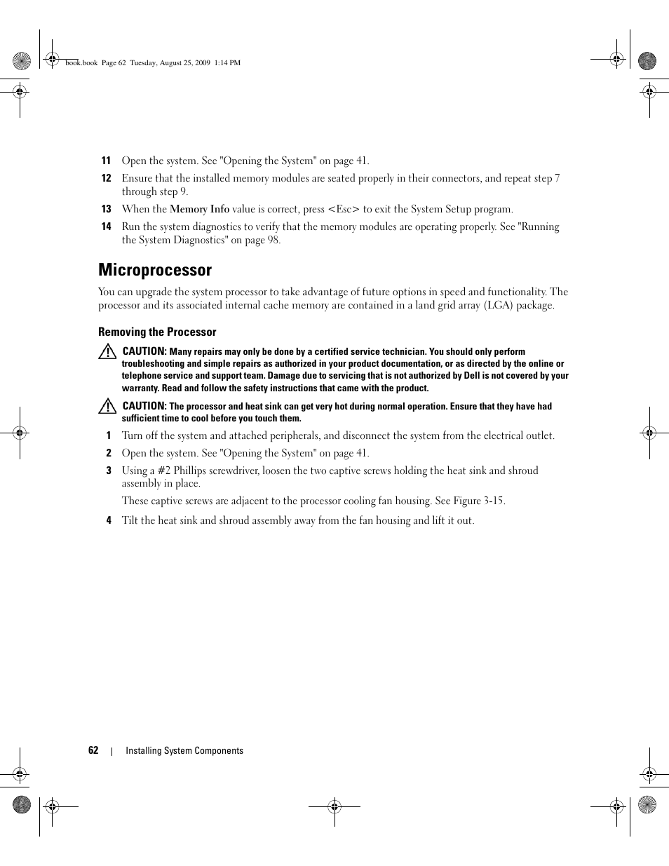 Microprocessor, Removing the processor, Ect, skip to step 13 | Dell PowerEdge SC 440 User Manual | Page 62 / 144