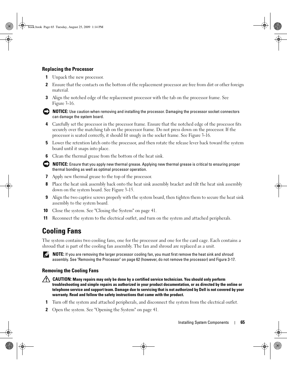 Replacing the processor, Cooling fans, Removing the cooling fans | Dell PowerEdge SC 440 User Manual | Page 65 / 144