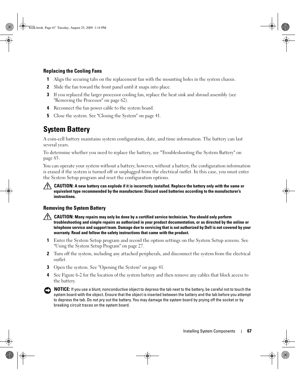 Replacing the cooling fans, System battery, Removing the system battery | Dell PowerEdge SC 440 User Manual | Page 67 / 144