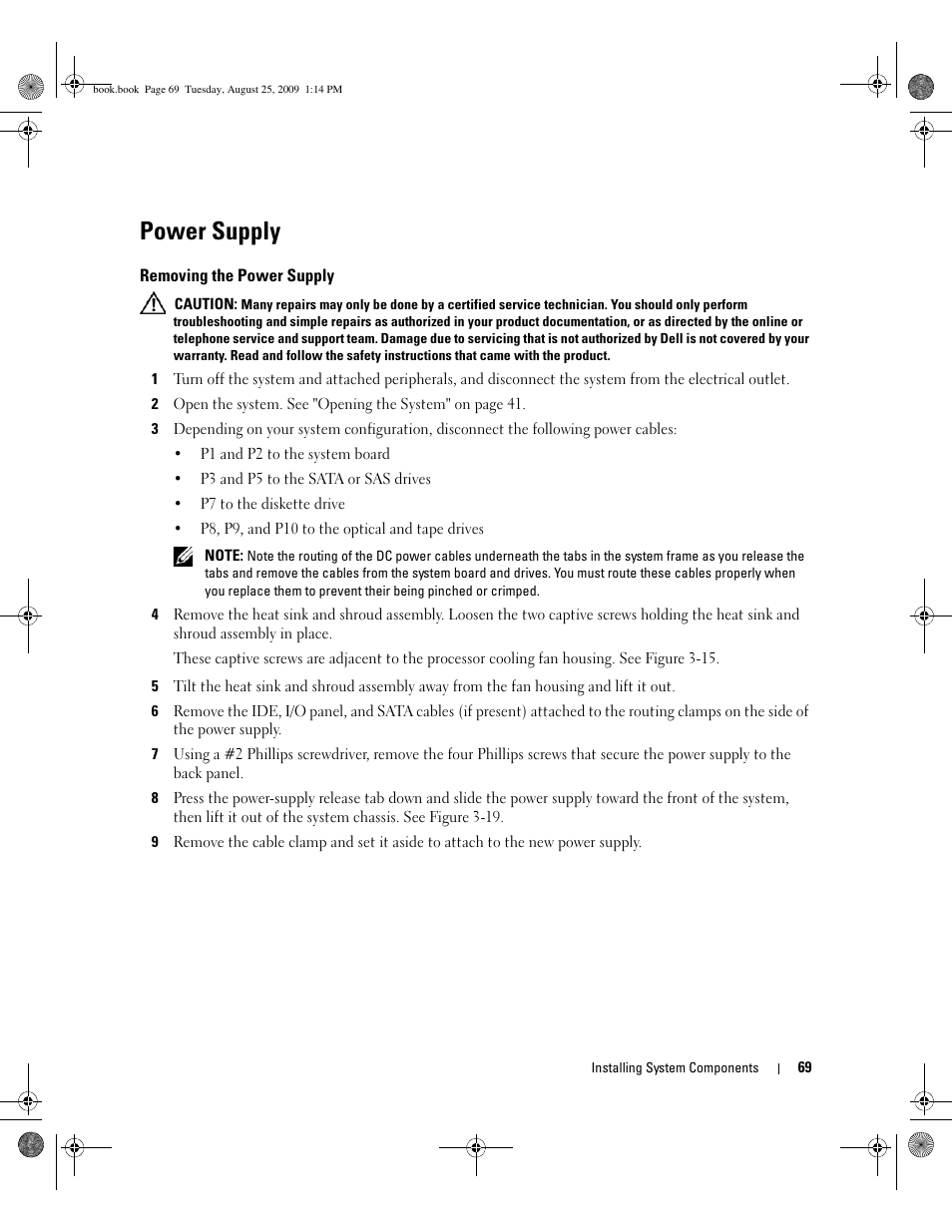 Power supply, Removing the power supply | Dell PowerEdge SC 440 User Manual | Page 69 / 144