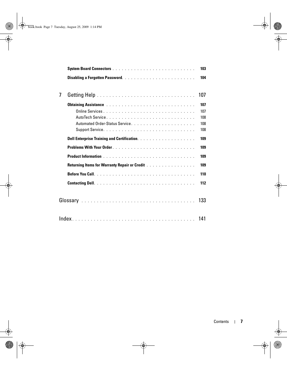 7getting help, Glossary, 133 index | Dell PowerEdge SC 440 User Manual | Page 7 / 144