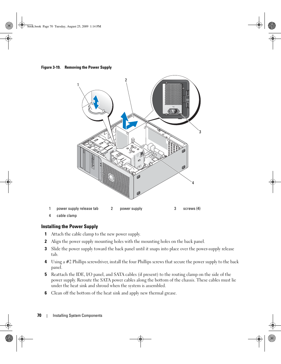 Installing the power supply | Dell PowerEdge SC 440 User Manual | Page 70 / 144