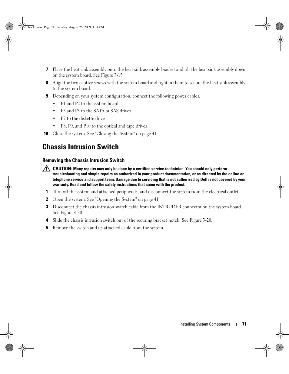 Chassis intrusion switch, Removing the chassis intrusion switch | Dell PowerEdge SC 440 User Manual | Page 71 / 144