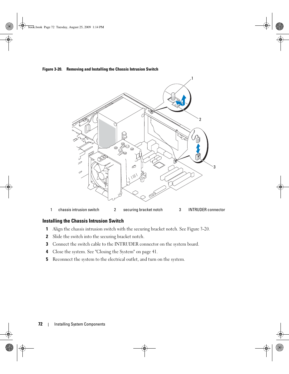 Installing the chassis intrusion switch, See figure 3-20, Et notch. see figure 3-20 | Dell PowerEdge SC 440 User Manual | Page 72 / 144