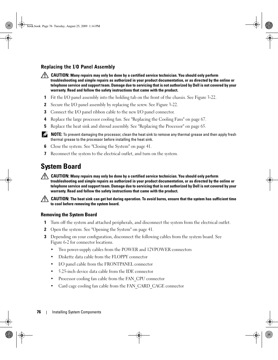 Replacing the i/o panel assembly, System board, Removing the system board | Dell PowerEdge SC 440 User Manual | Page 76 / 144