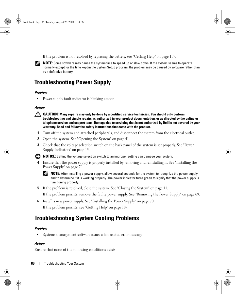 Troubleshooting power supply, Troubleshooting system cooling problems | Dell PowerEdge SC 440 User Manual | Page 86 / 144