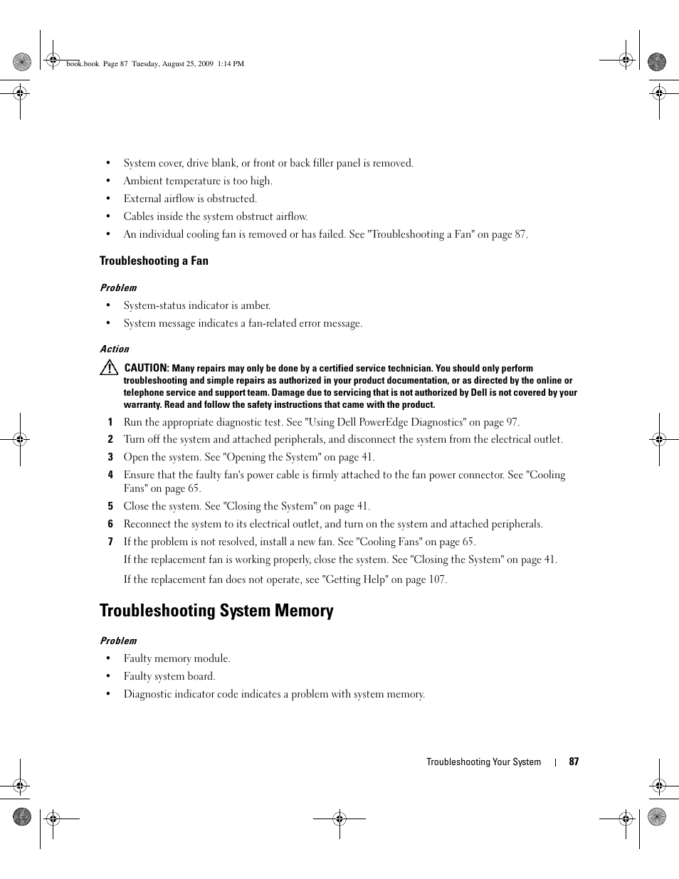 Troubleshooting a fan, Troubleshooting system memory | Dell PowerEdge SC 440 User Manual | Page 87 / 144