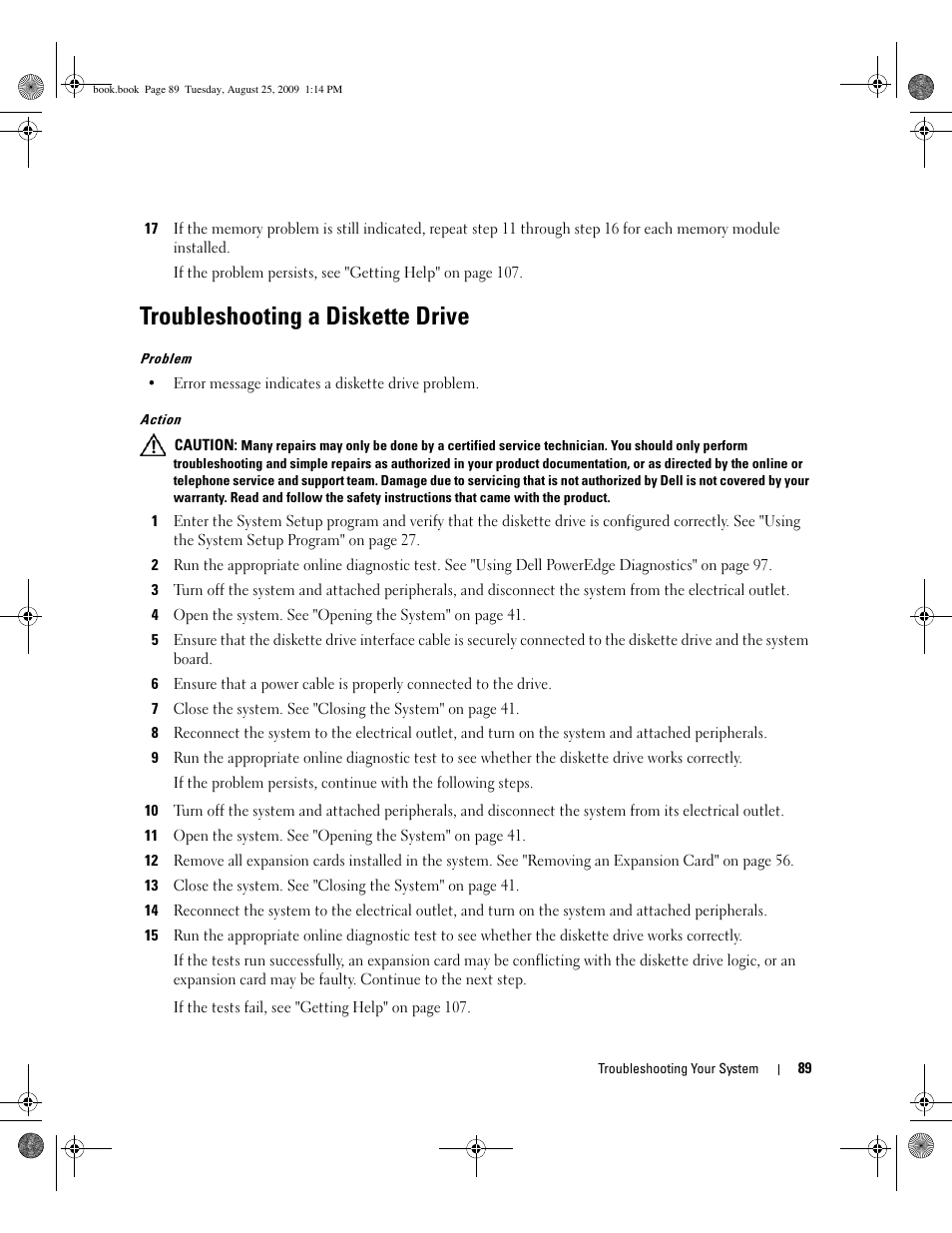 Troubleshooting a diskette drive | Dell PowerEdge SC 440 User Manual | Page 89 / 144