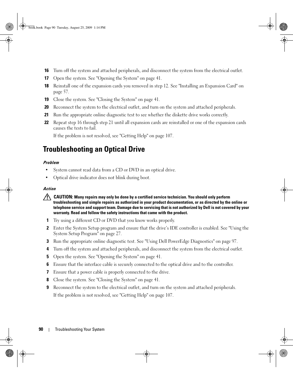 Troubleshooting an optical drive | Dell PowerEdge SC 440 User Manual | Page 90 / 144