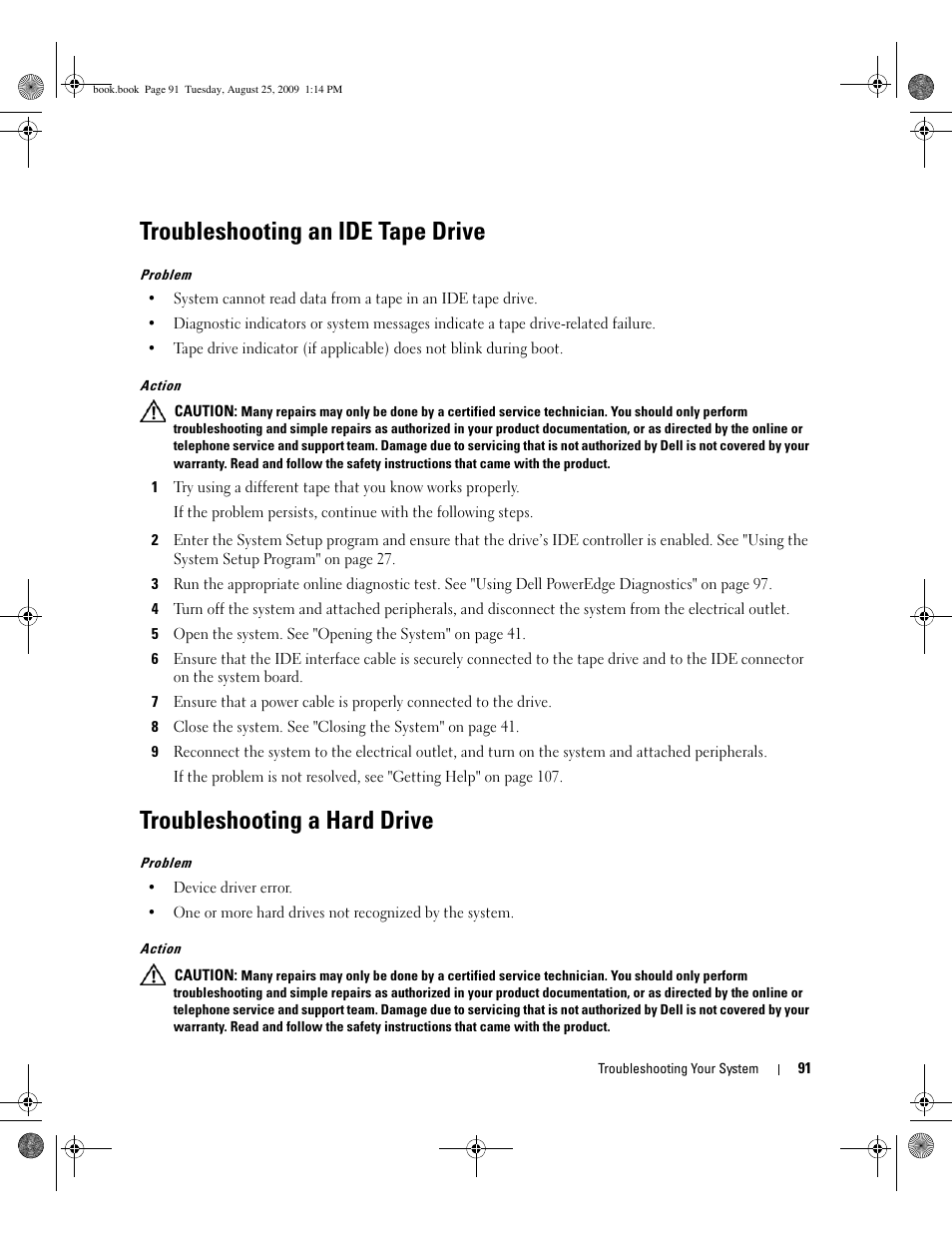 Troubleshooting an ide tape drive, Troubleshooting a hard drive | Dell PowerEdge SC 440 User Manual | Page 91 / 144