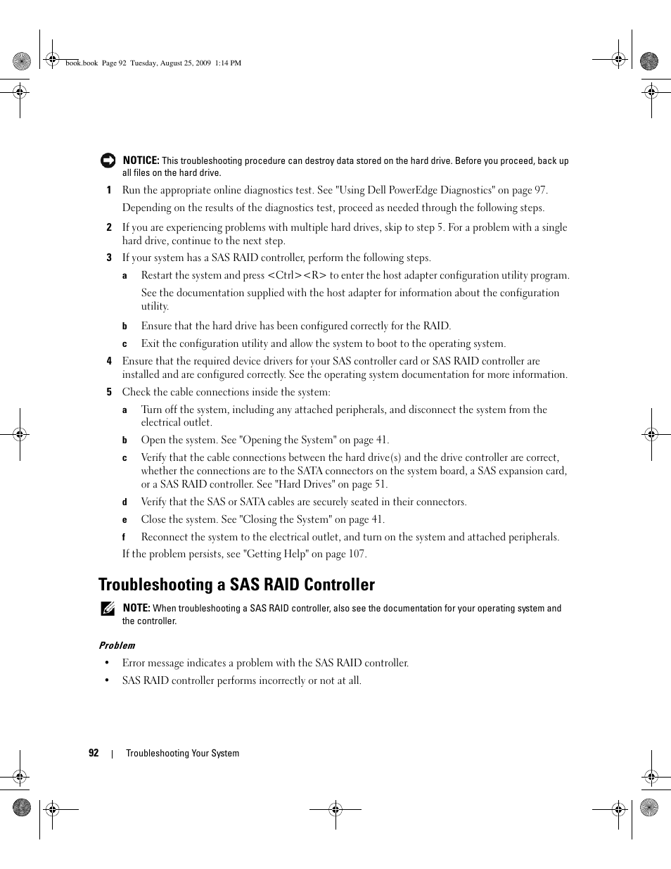 Troubleshooting a sas raid controller | Dell PowerEdge SC 440 User Manual | Page 92 / 144