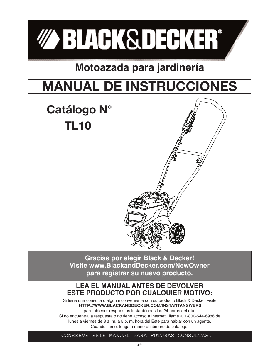 Manual de instrucciones, Catálogo n° tl10, Motoazada para jardinería | Black & Decker TL10 User Manual | Page 24 / 36