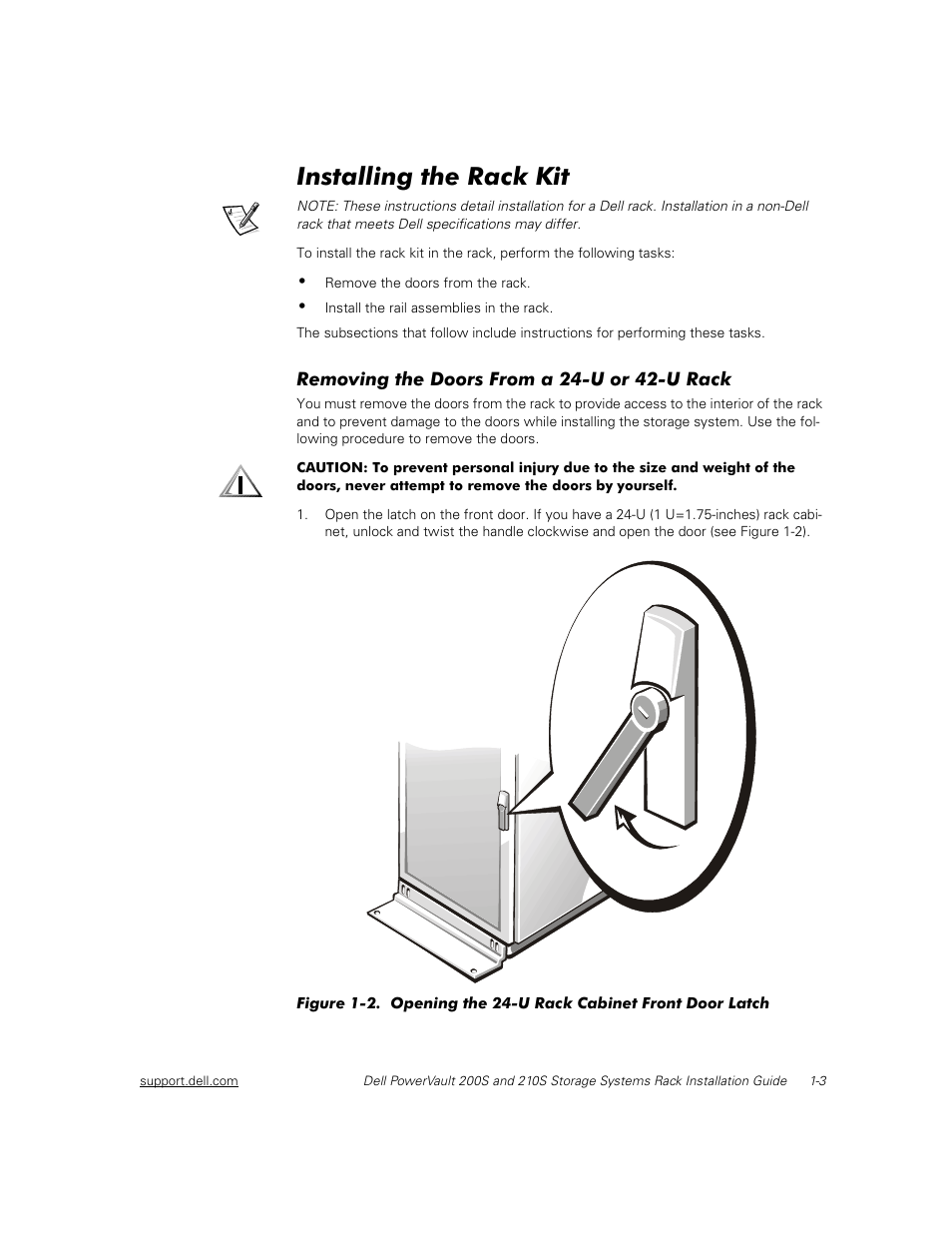 Installing the rack kit, Removing the doors from a 24-u or 42-u rack | Dell PowerVault 210S (SCSI) User Manual | Page 17 / 26