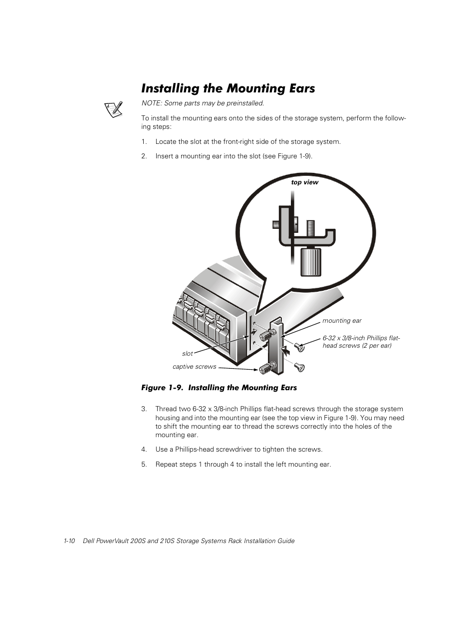 Installing the mounting ears | Dell PowerVault 210S (SCSI) User Manual | Page 24 / 26