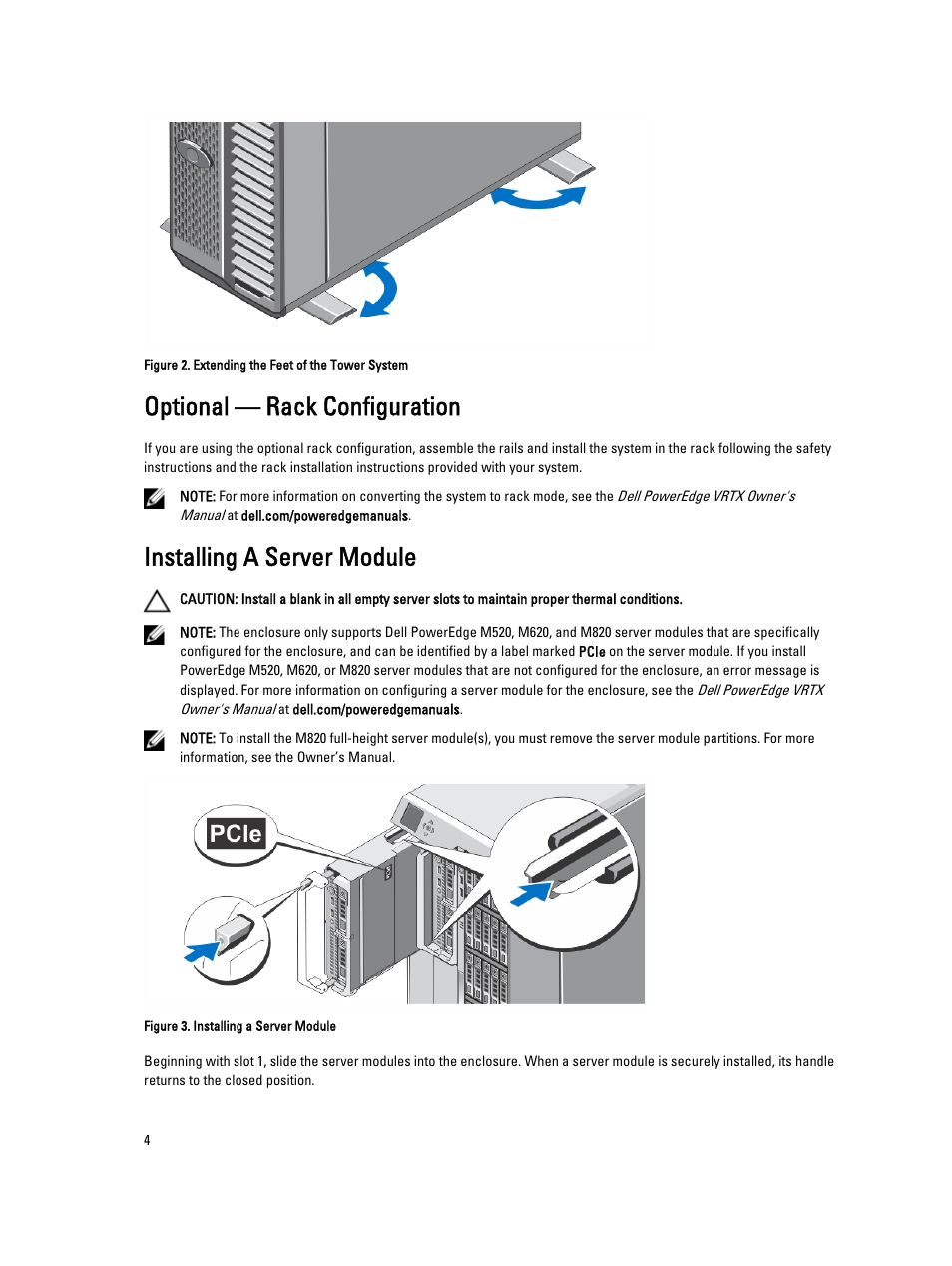 Optional — rack configuration, Installing a server module | Dell PowerEdge VRTX User Manual | Page 4 / 13