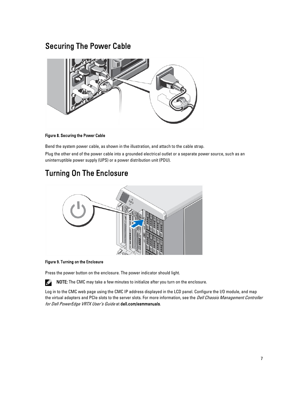 Securing the power cable, Turning on the enclosure | Dell PowerEdge VRTX User Manual | Page 7 / 13