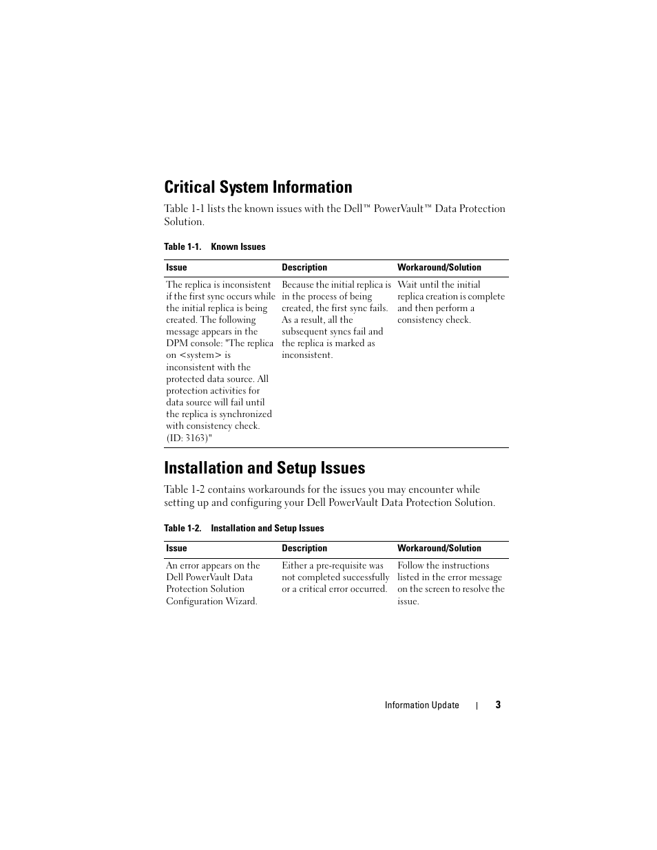 Critical system information, Installation and setup issues | Dell PowerVault DP600 User Manual | Page 3 / 8