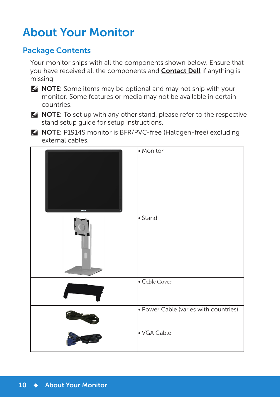 About your monitor, Package contents | Dell P1914S Monitor User Manual | Page 10 / 75