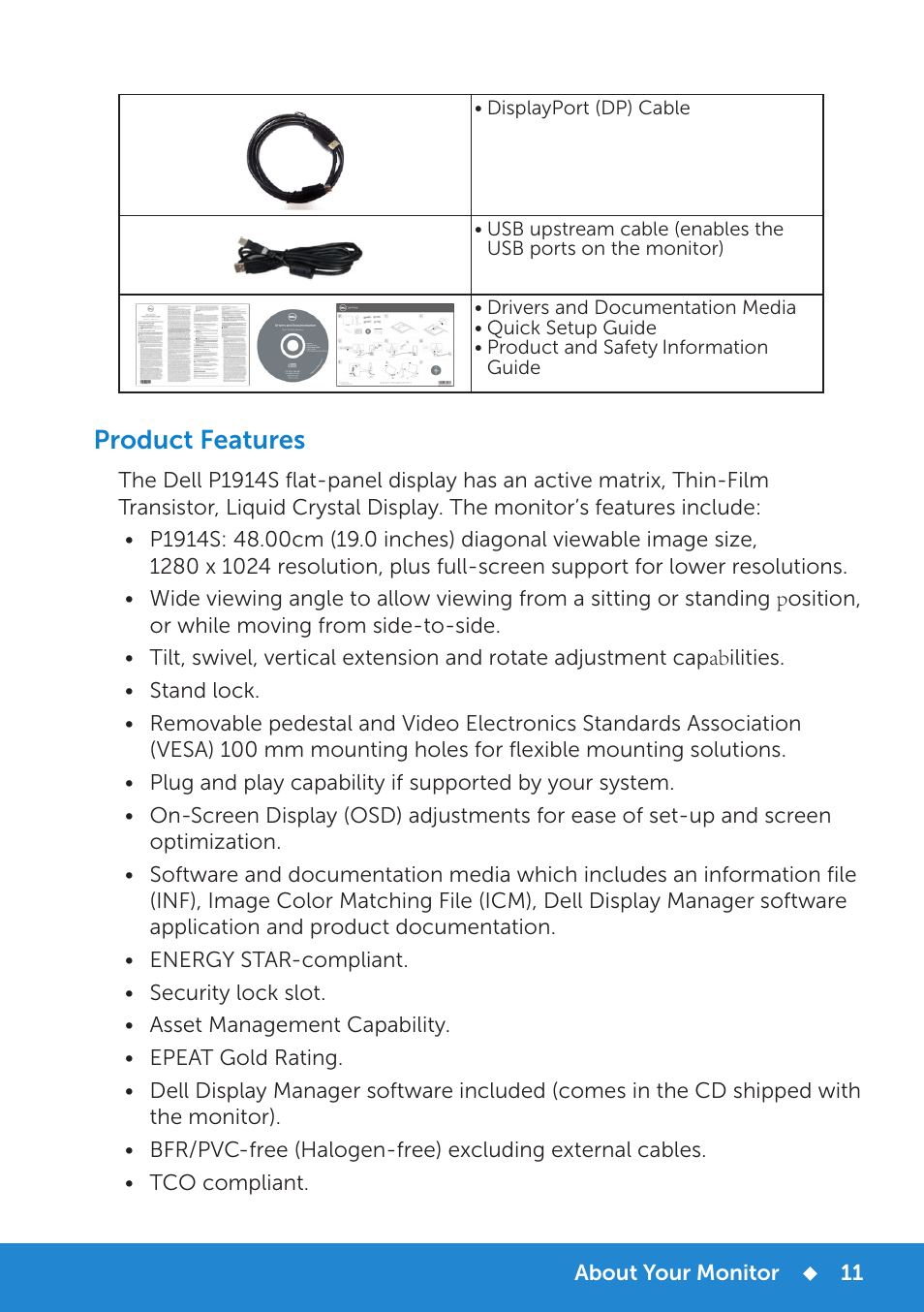 Product features | Dell P1914S Monitor User Manual | Page 11 / 75