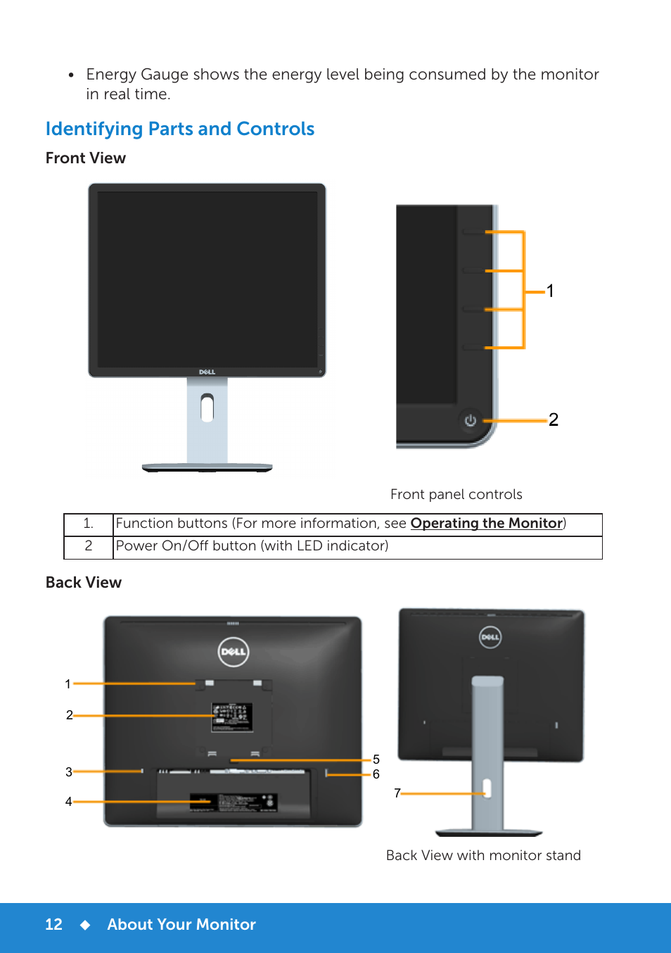 Identifying parts and controls | Dell P1914S Monitor User Manual | Page 12 / 75