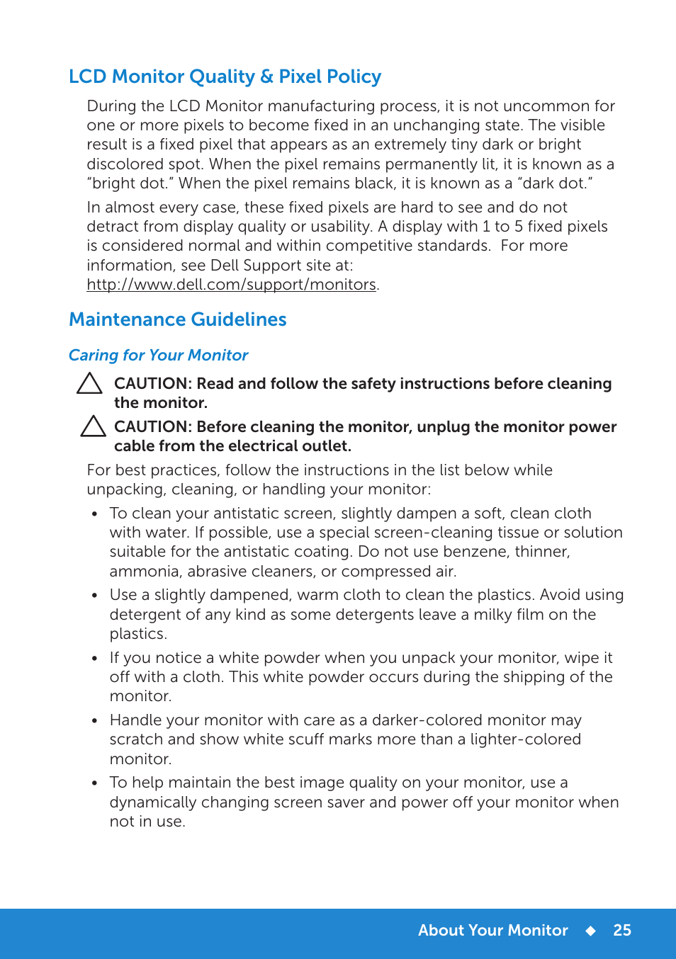 Maintenance guidelines, Caring for your monitor, Lcd monitor quality & pixel policy | Dell P1914S Monitor User Manual | Page 25 / 75