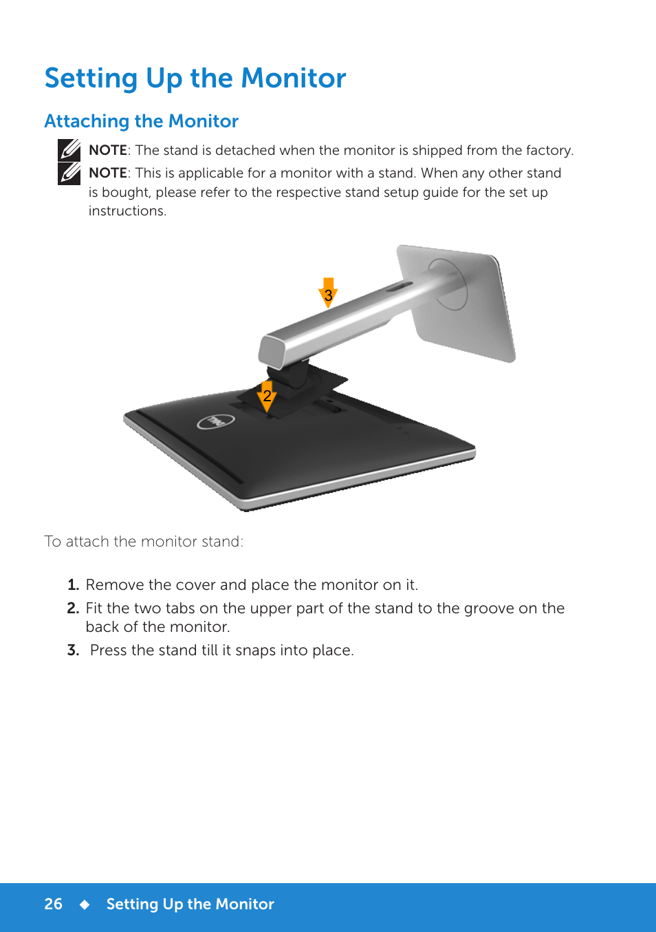 Setting up the monitor, Attaching the monitor | Dell P1914S Monitor User Manual | Page 26 / 75