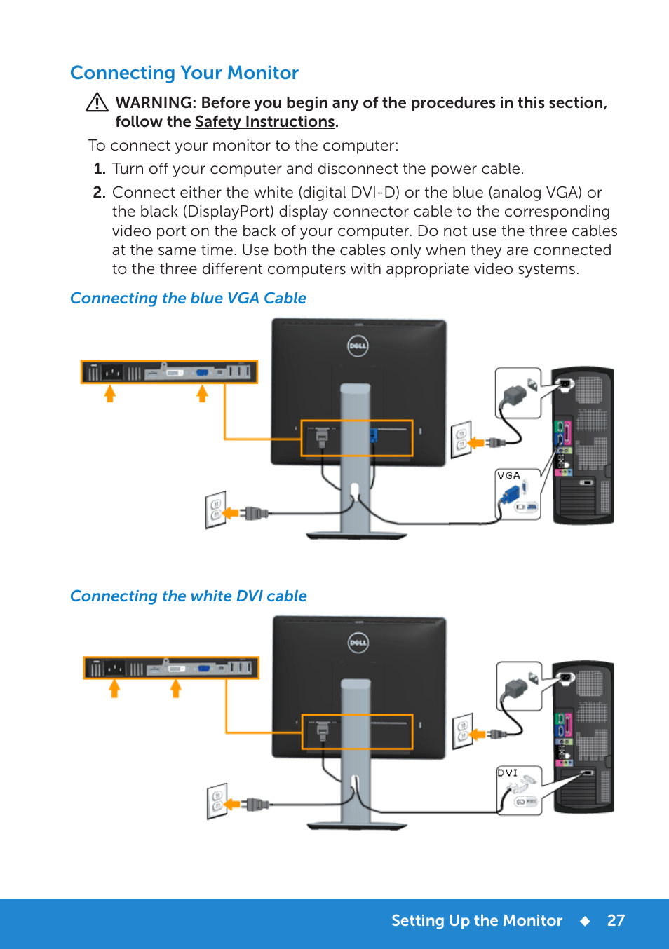 Connecting your monitor, Connecting the blue vga cable, Connecting the white dvi cable | Dell P1914S Monitor User Manual | Page 27 / 75