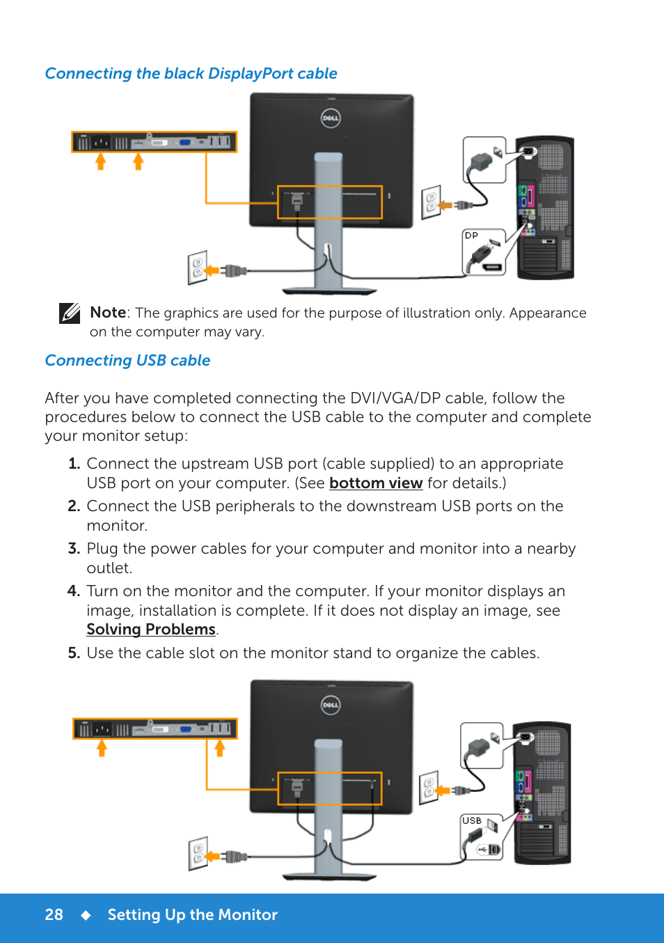 Connecting the black displayport cable, Connecting the usb cable | Dell P1914S Monitor User Manual | Page 28 / 75