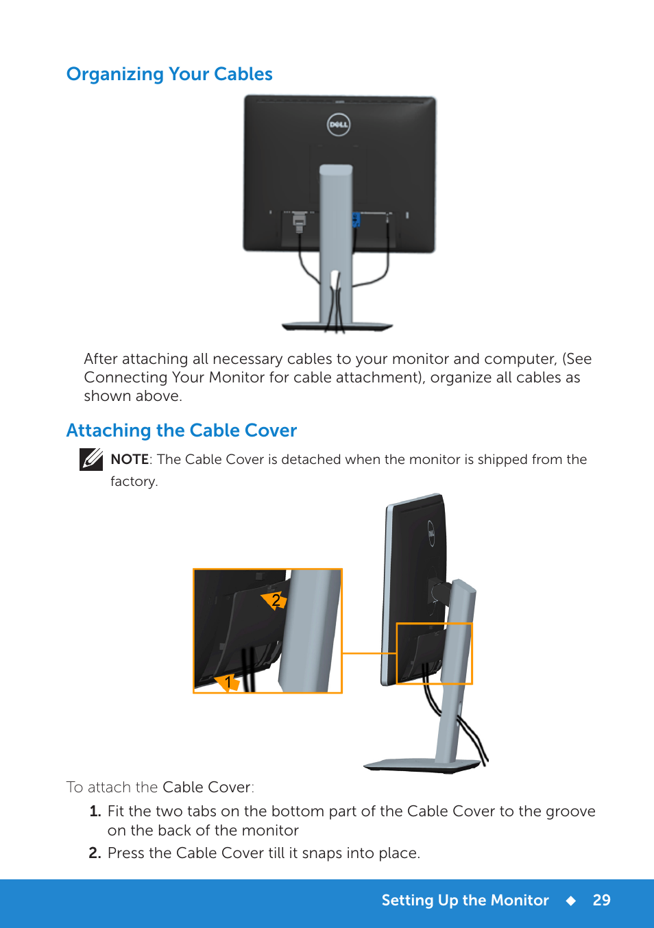 Organizing your cables, Attaching the cable cover | Dell P1914S Monitor User Manual | Page 29 / 75