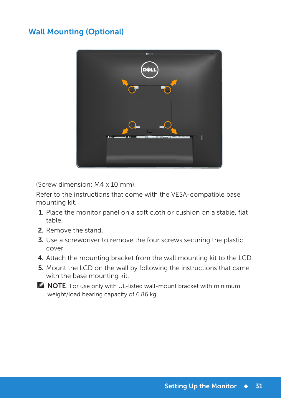 Wall mounting (optional) | Dell P1914S Monitor User Manual | Page 31 / 75