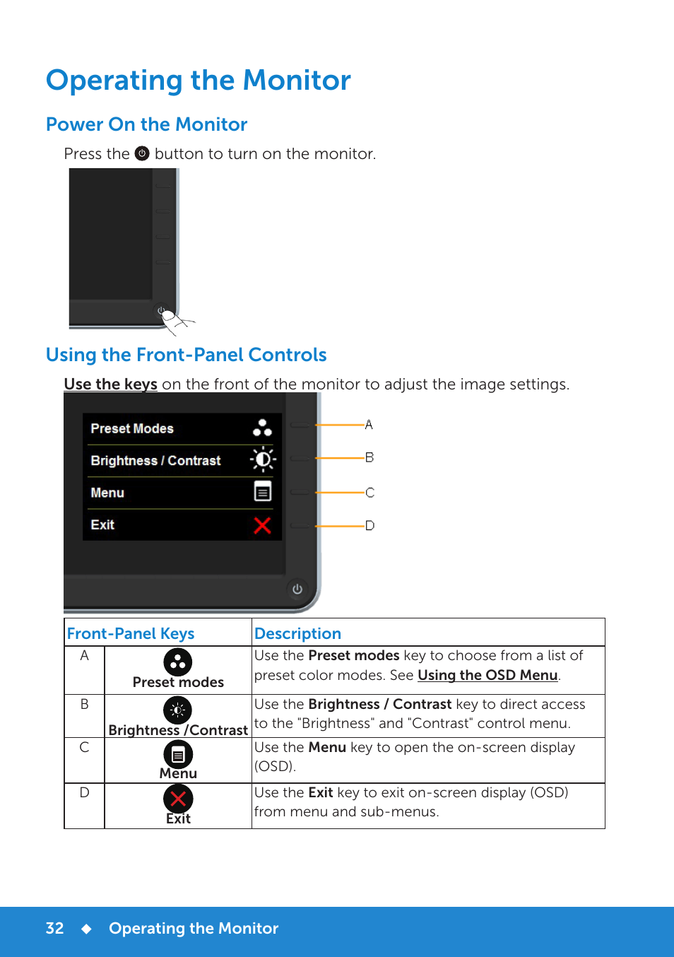 Operating the monitor, Power on the monitor, Using the front-panel controls | Dell P1914S Monitor User Manual | Page 32 / 75