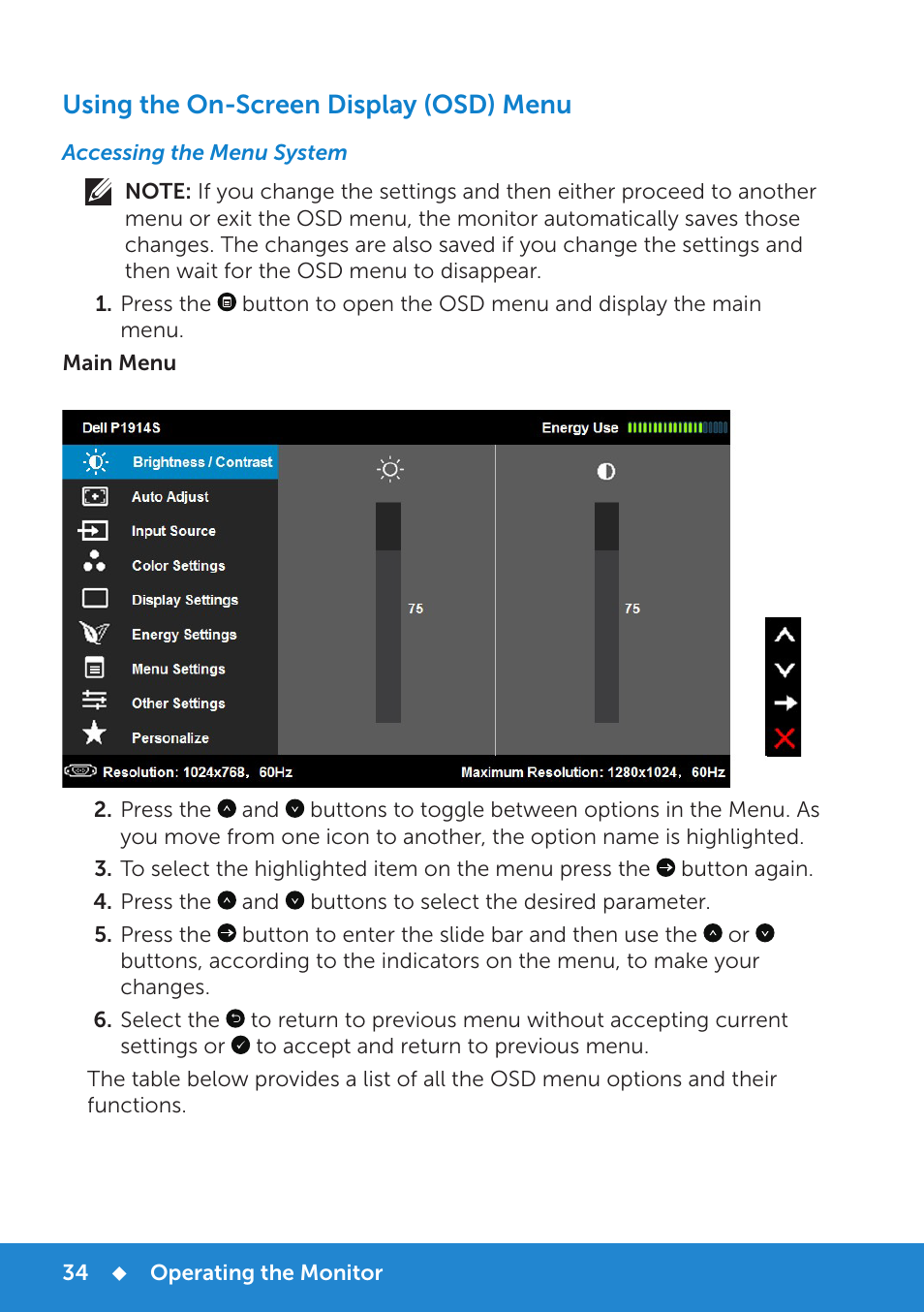 Using the on-screen display (osd) menu, Accessing the menu system | Dell P1914S Monitor User Manual | Page 34 / 75