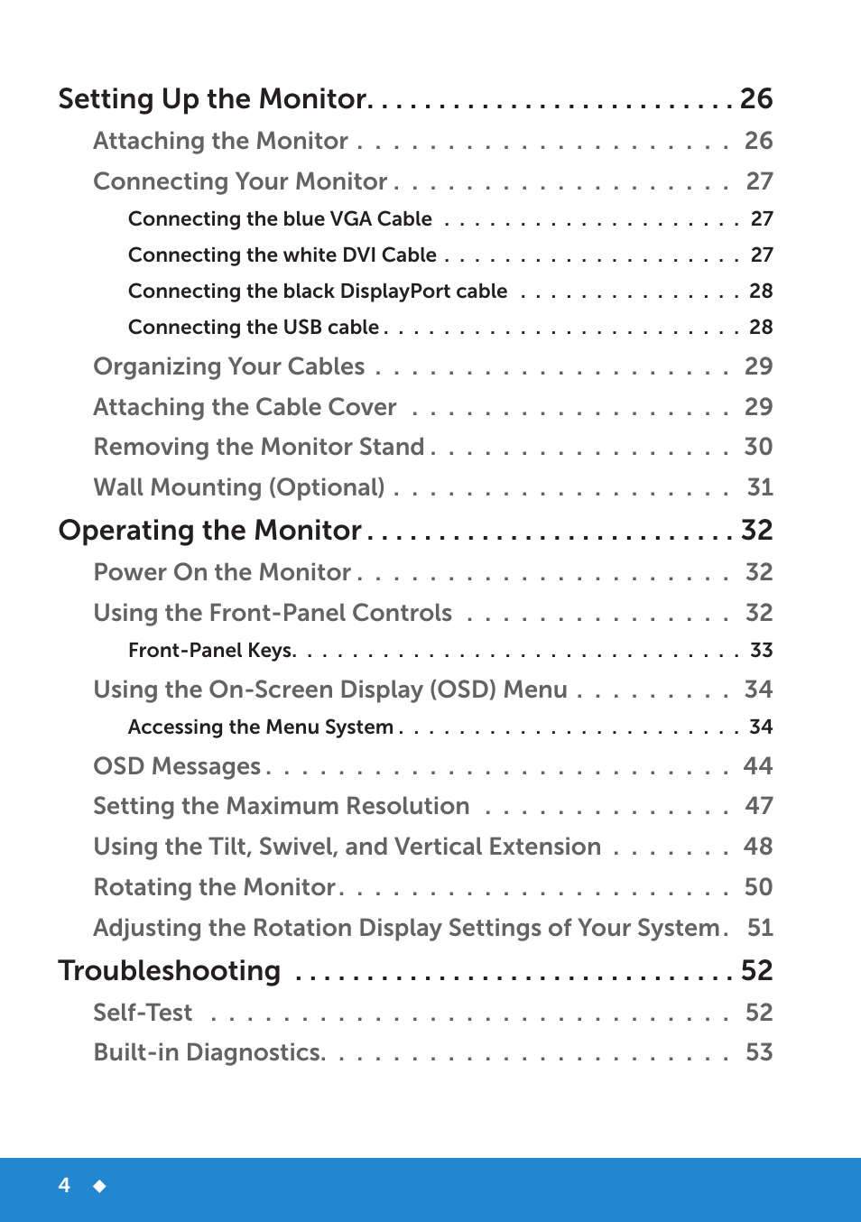 Setting up the monitor, Operating the monitor, Troubleshooting | Dell P1914S Monitor User Manual | Page 4 / 75