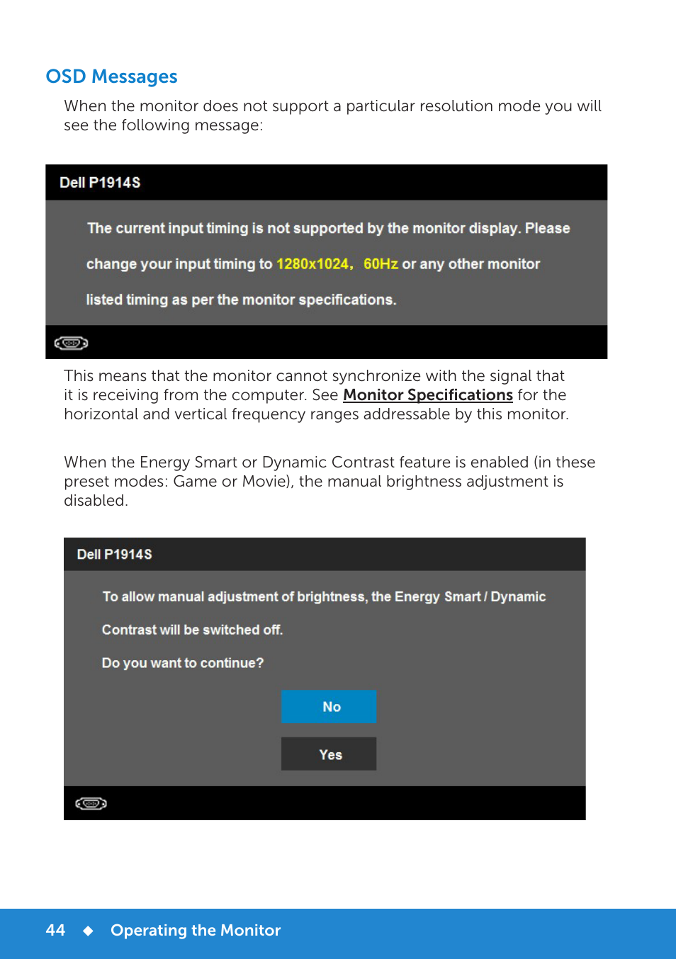 Osd messages | Dell P1914S Monitor User Manual | Page 44 / 75