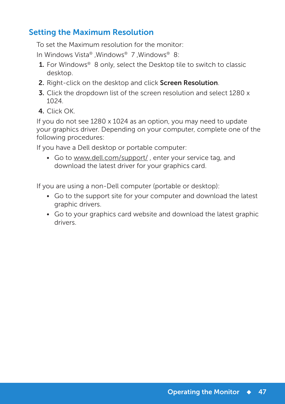 Setting the maximum resolution | Dell P1914S Monitor User Manual | Page 47 / 75