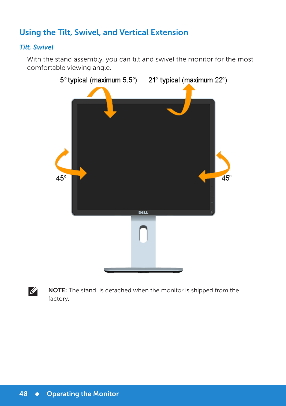 Using the tilt, swivel, and vertical extension | Dell P1914S Monitor User Manual | Page 48 / 75