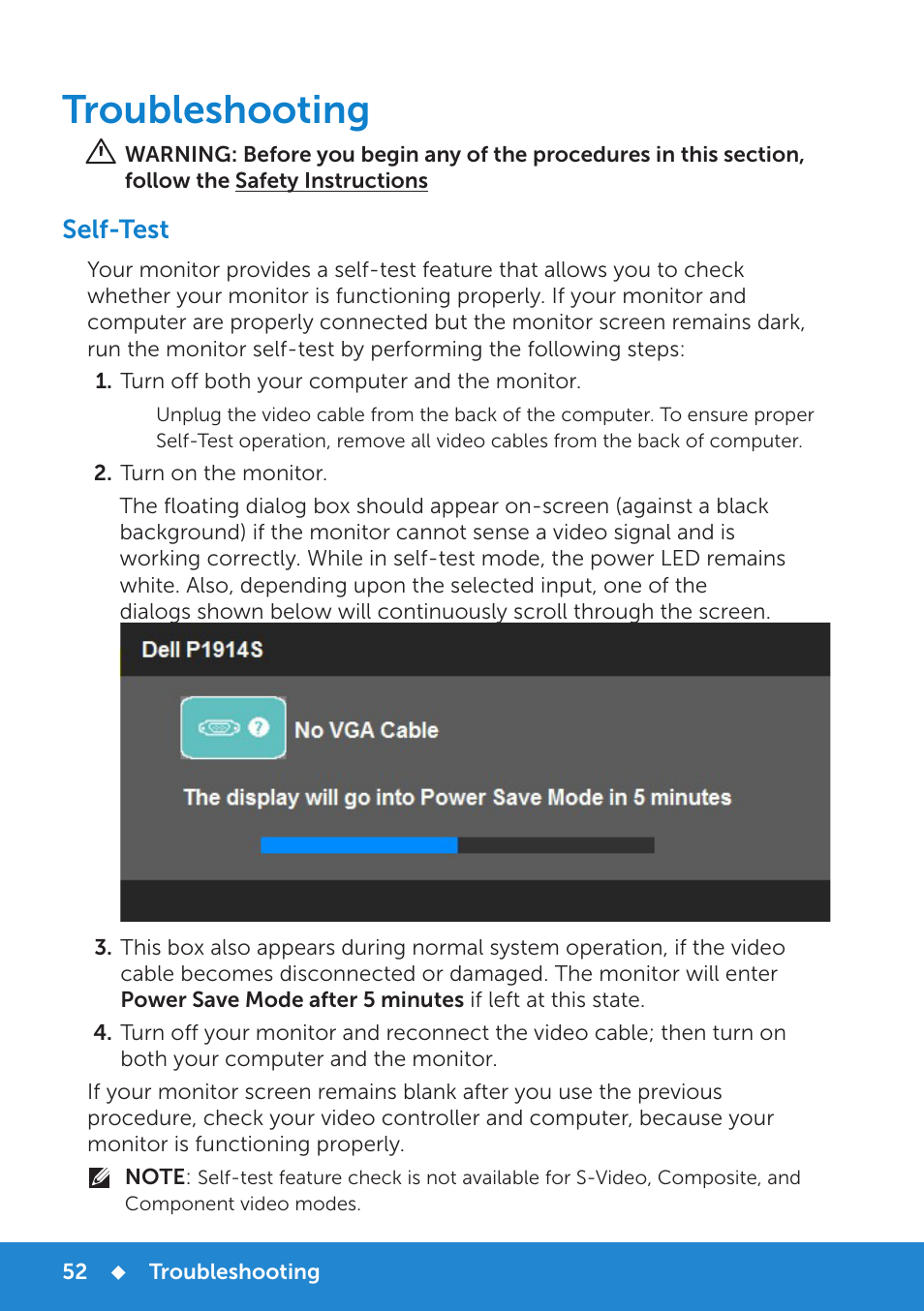 Troubleshooting, Self-test | Dell P1914S Monitor User Manual | Page 52 / 75