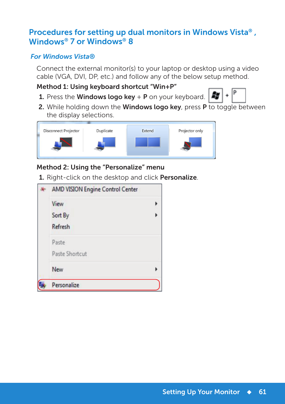 For windows vista, Windows, 7 or windows | Dell P1914S Monitor User Manual | Page 61 / 75